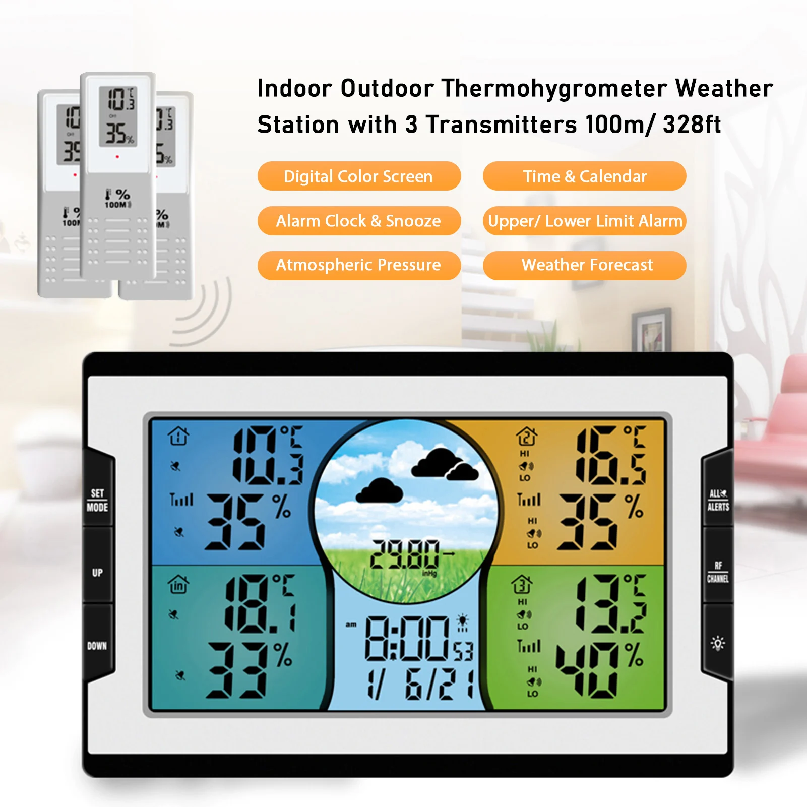 

Thermohygrometer Temperature Humidity Monitor Alarm Clock with Snooze Thermohygrometer with Weather Forecast/Pressure/Backlight