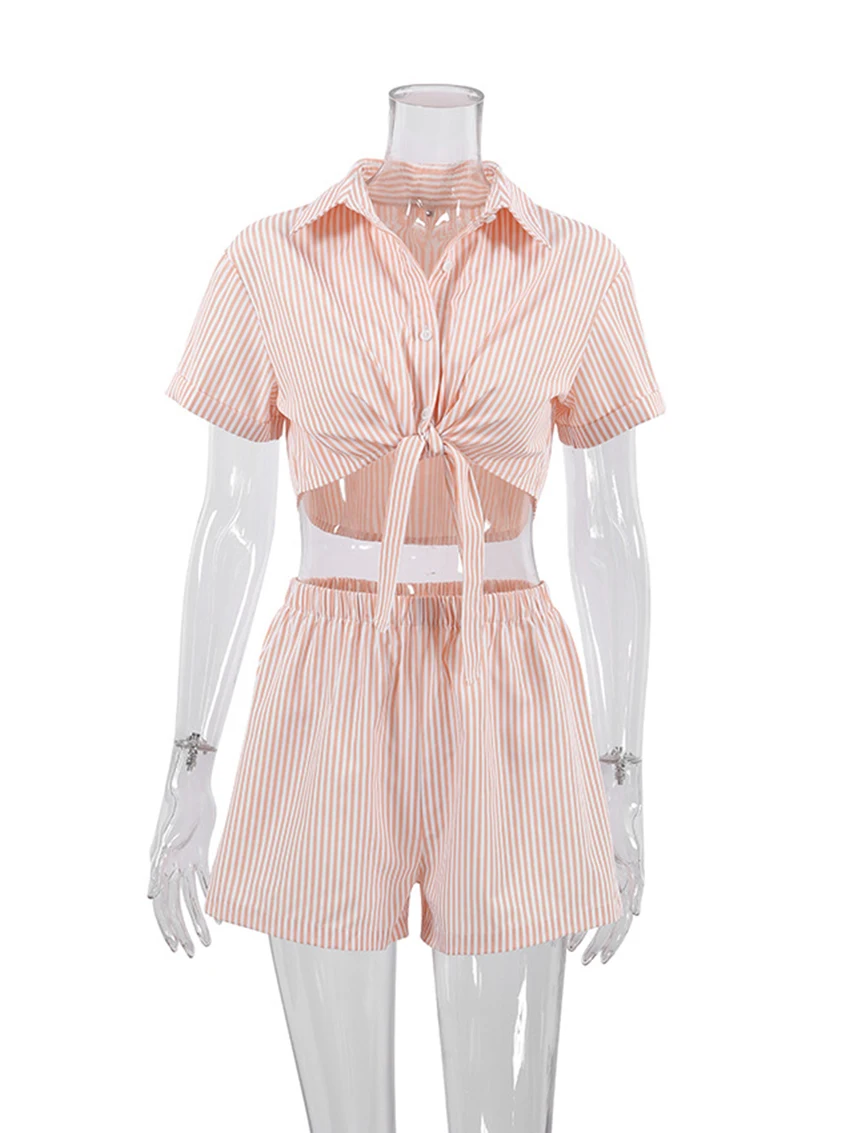 Marthaqiqi Fashion Women'S Pajama Set Sexy Crop Top Sleepwear Turn-Down Collar Short Sleeve Nightwear Shorts Summer Pyjamas Suit