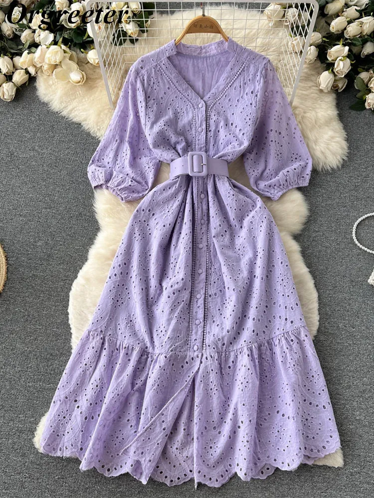 Purple/White Cutwork Long Dress for Women Embroidery Cotton Maxi Dress Summer V-neck Puff Sleeve Casual Dress Female With Belt
