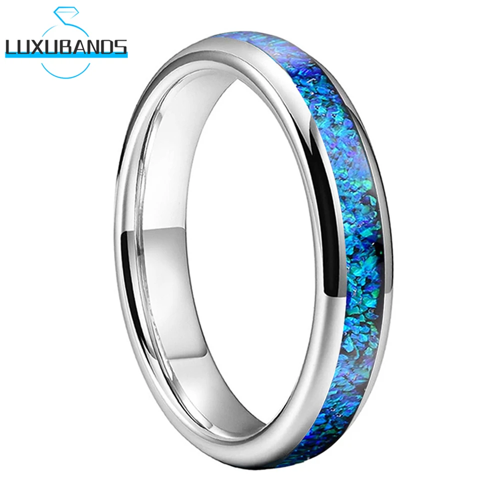 

4mm Women's Tungsten Carbide Wedding Ring Beautiful Blue Galaxy Series Opal Inlay Domed Band Black Polished Finish Comfort Fit
