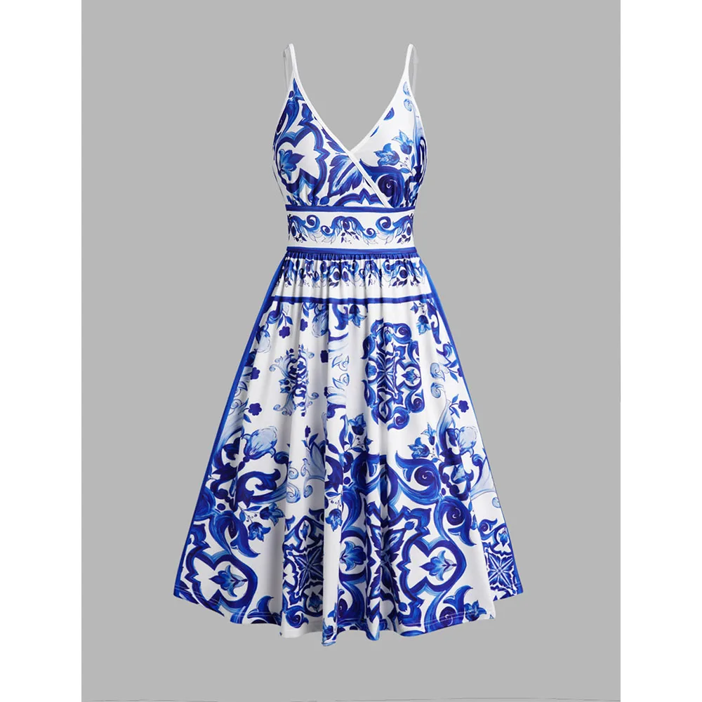 

Women Dress Floral Ceramic Print Cami Dress Surplice Plunge Spaghetti Strap Backless A Line Printed Sleeveless Summer Dress