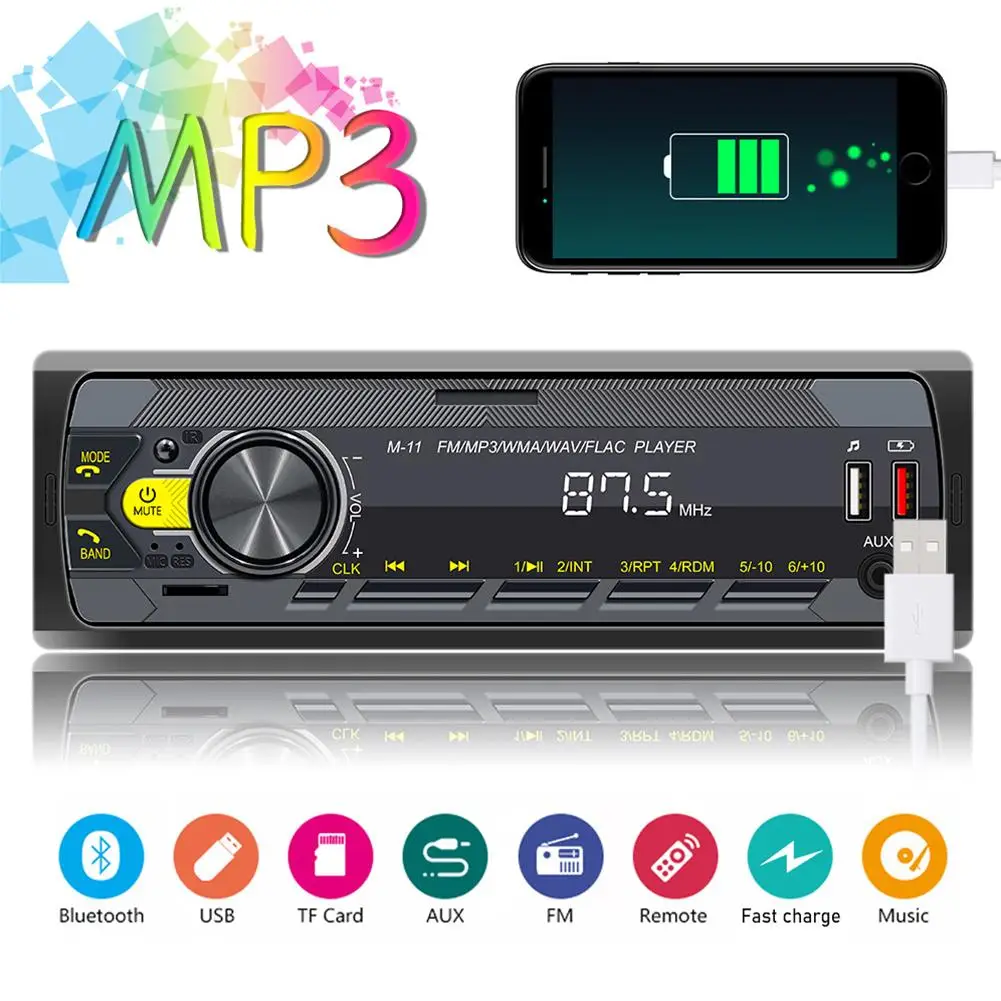 

Автомобильный аудио Радио 1 Din MP3 плеер стерео Bluetooth-совместимый FM AUX вход красочные кнопки быстрая зарядка мультимедийные плееры