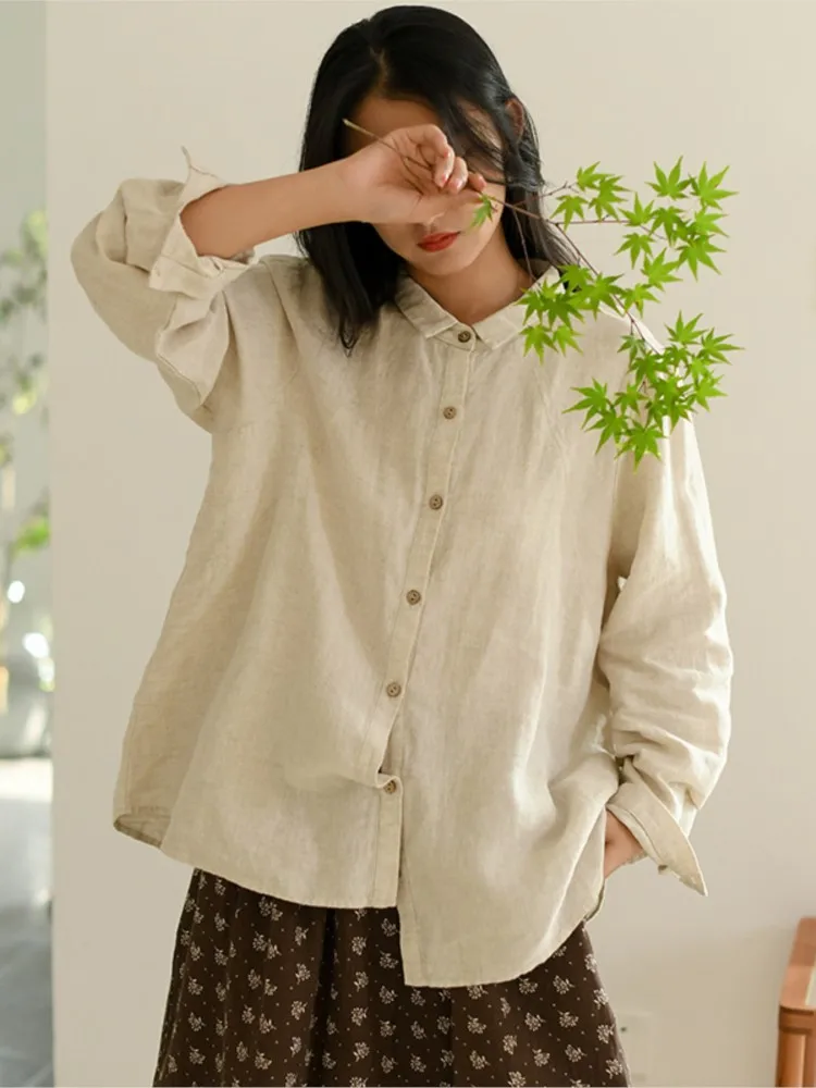 

Женская льняная блузка на пуговицах, повседневная однотонная Свободная рубашка с длинным рукавом, в винтажном стиле, осень 2023