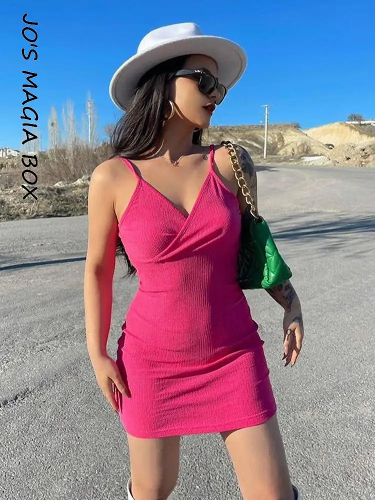 

Jo's Magia Box Backless Sleeveless Bodycon Sexy Y2K Women's Mini Dress 2022 Summer V Neck Pink Blue Party Club Women Dresses