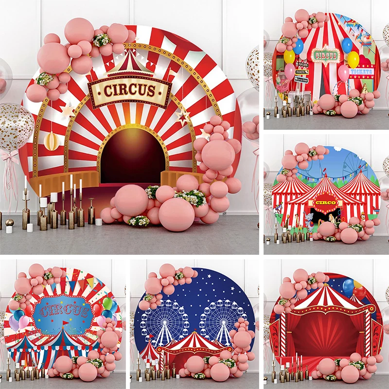 

Circus Backdrop Round Birthday Party Newborn Children Red Stripes Pink Carnival Tent Baby Shower Photography Background Cover