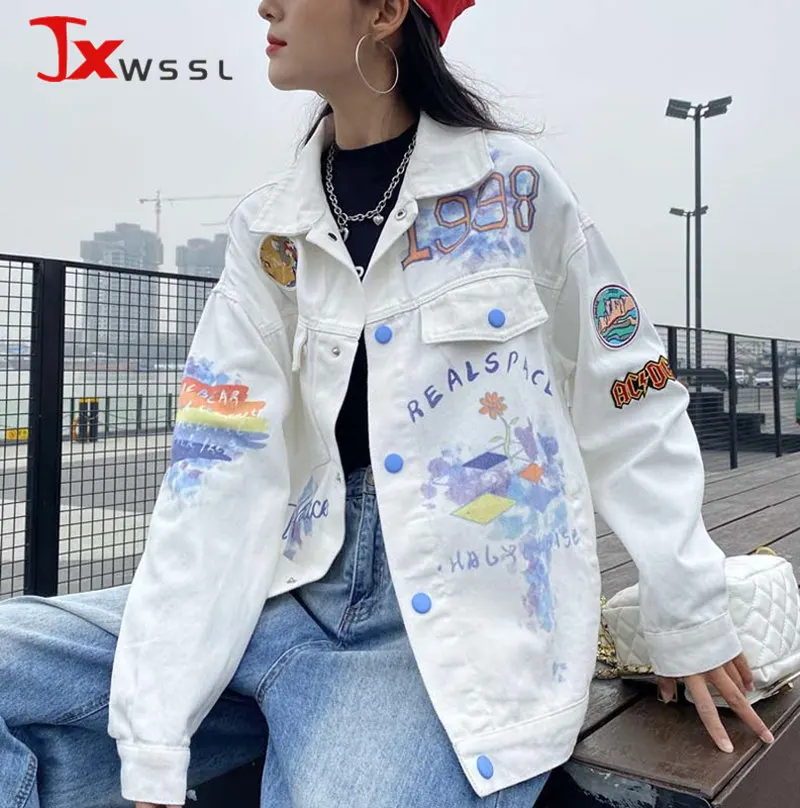 

Streetwear Graffiti Print Jeans Jacket For Women Casually Loose Ins Tide Spring Long Sleeve Denim Coat High Quality Denim Jacket