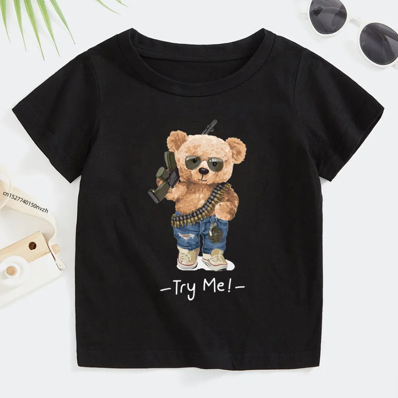 

Try Me Cartoon Bear Kid T Shirt Four Wheeler Children T-shirt Max Speed Summer Animal Anime Tops Tee