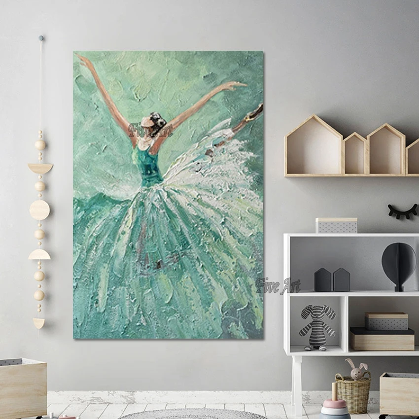 

Green Acrylic Oil Painting Canvas Wall Decor Abstract Modern Artwork Hand Painted Girl Dancing Ballet Portrait Picture Unframed