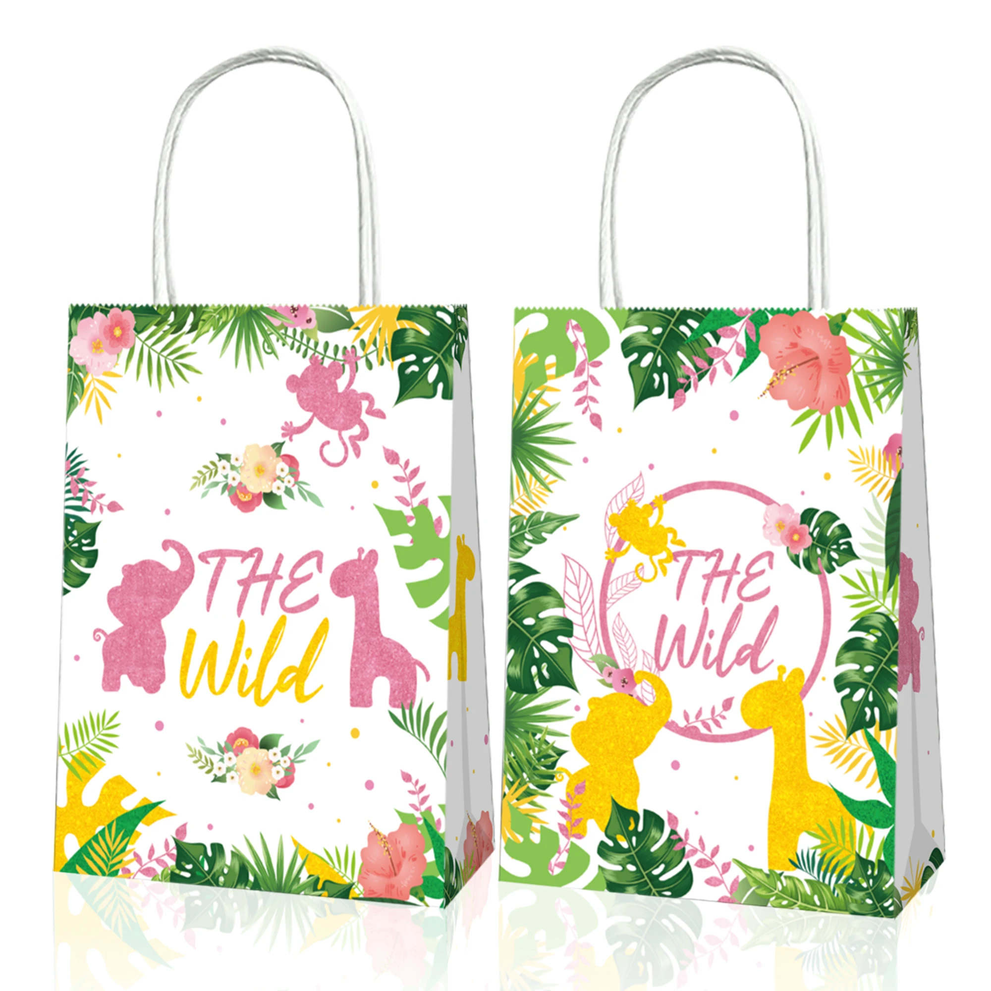 

BD064 12Pcs Hawaii Pink Cartoon Jungle Animal WILD ONE Birthday Party Packing Paper Tote Gift Bags Baby Shower Party Decorations