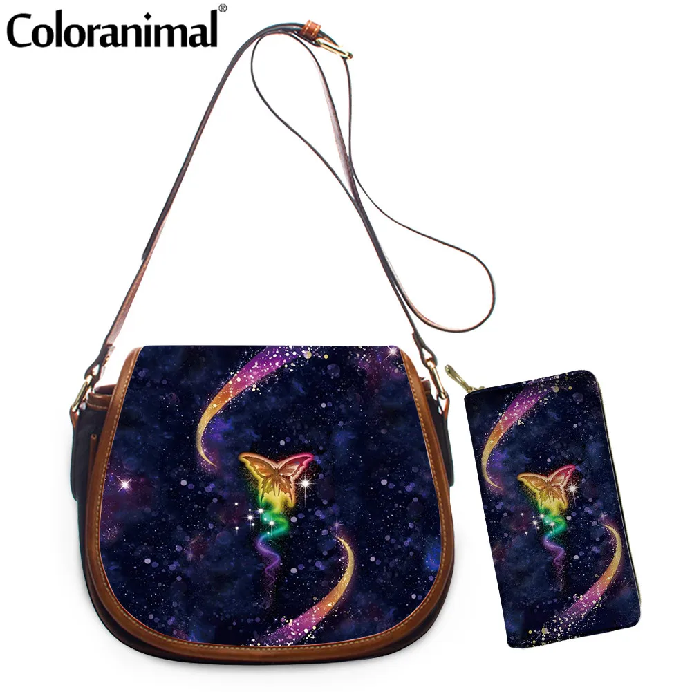 

Coloranimal Pretty Butterflies in the Starry Sky Printed Women Saddle Bag PU Leather 2Pcs/Set Shoulder Bag&Wallet Ladies Totes