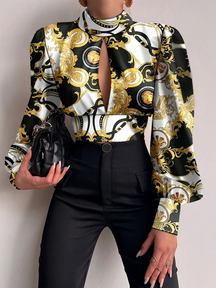 

Женская Элегантная блузка с длинным рукавом и высоким воротником, привлекательные укороченные топы с открытой спиной и завязками, Весенняя повседневная женская рубашка с принтом в стиле ретро, блуза