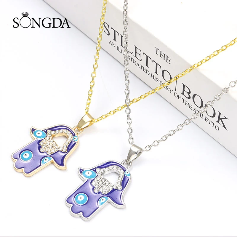 

Fashion Hamsa Hand Enamel Blue Turkish Evil Eye Pendant Necklaces Colorful Rhinestones Lucky Alloy Necklace Trendy Jewelry Gifts