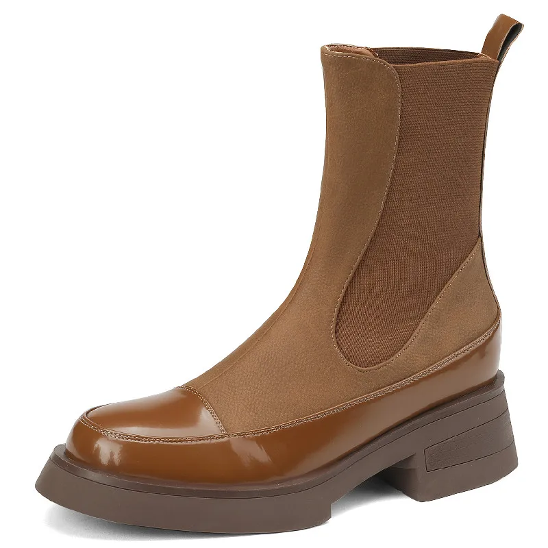 

Dilalula Newest Women Ankle Boots Fashion Splicing Genuine Leather Thick Heels Shoes Woman Autumn Winter Office Ladies Leisure