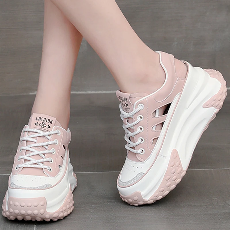 7CM 2023 Platform Wedge Chunky Sneaker Fashion Genuine Leather Hollow Lace Mixed Color Casual Comfy Lady Hidden Heel Female Shoe