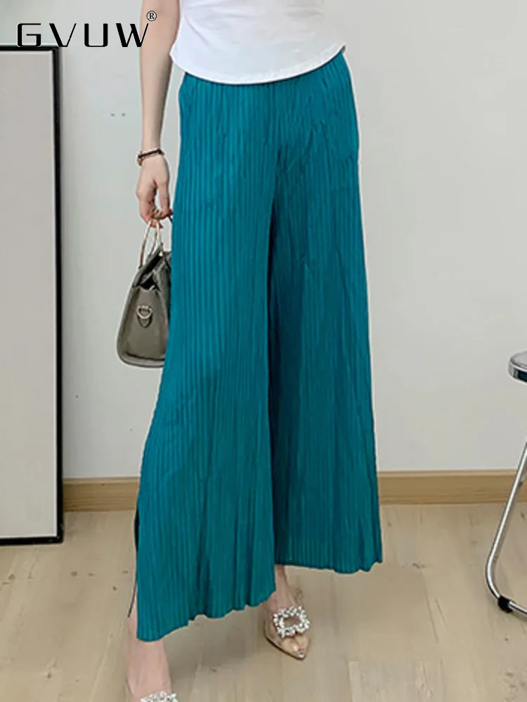 

GVUW Splited Pleated Wide Leg Pants For Women Solid Color Elastic Waist Loose 2023 Summer New Female Straight Trousers 17J1106