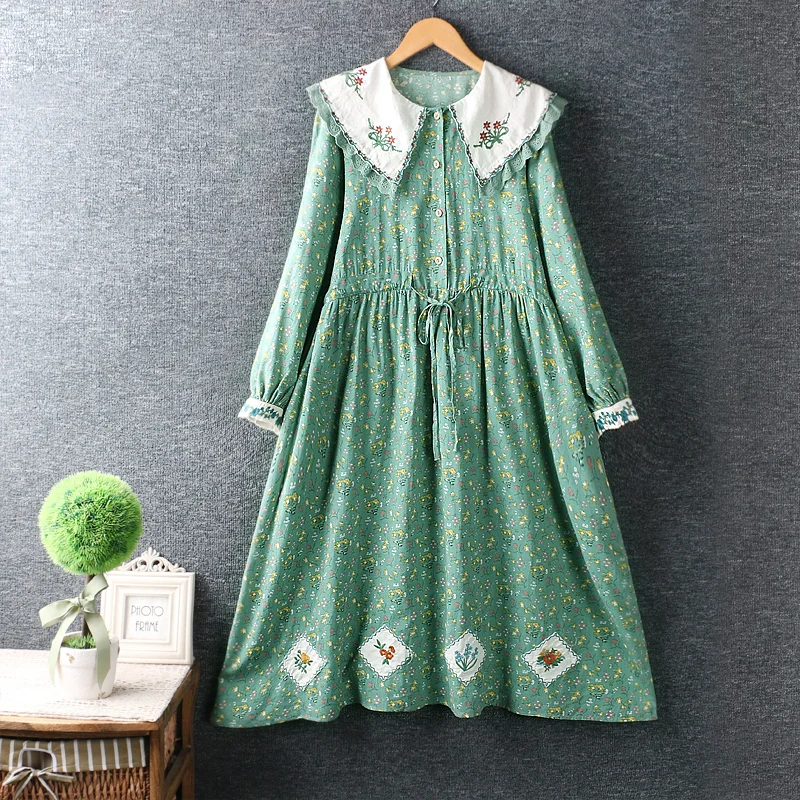 

2022 spring new women's Japanese sweet lapel patch embroidered cotton and linen floral long skirt loose dress