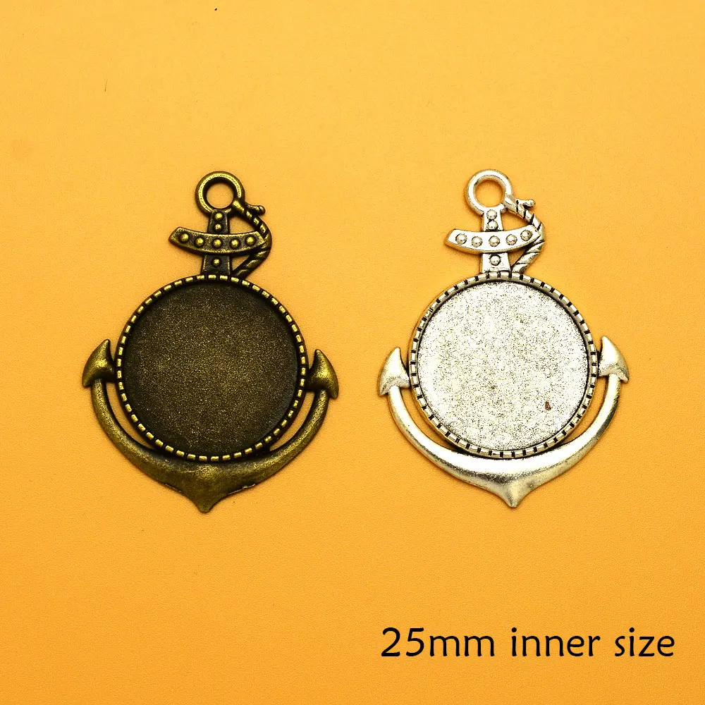 

25mm Inner Size Silver Bronze Plated Anchor Cameo Round Bezels Blank Pendant Cabochon Base Setting Jewelry Making Accessories