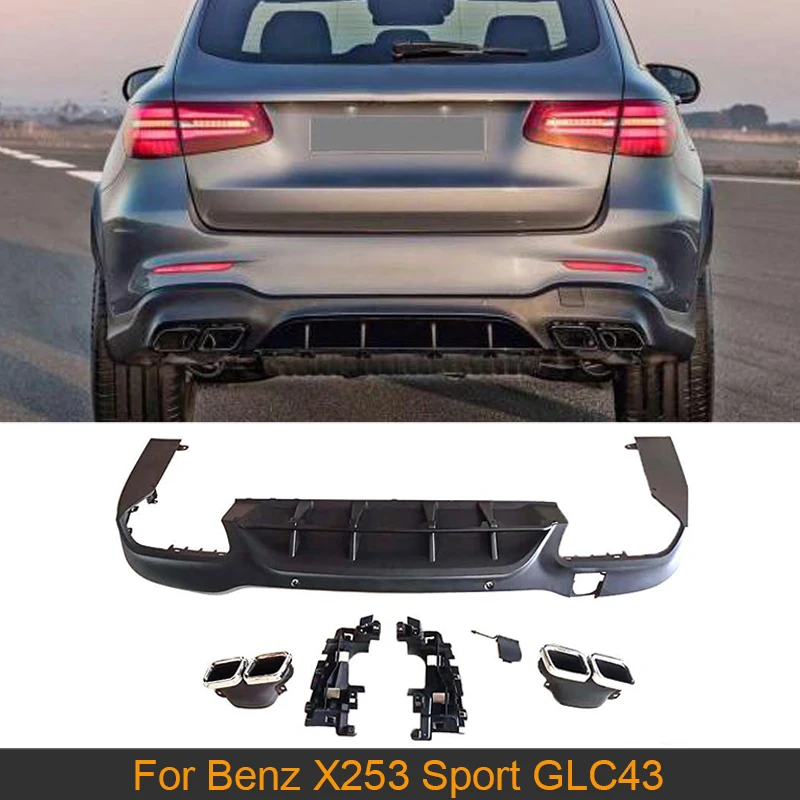 

PP Black Rear Bumper Diffuser With Exhaust Tips For Mercedes Benz X253 GLC260 GLC300 Sport GLC43 SUV 2015-2019 Car Rear Diffuser