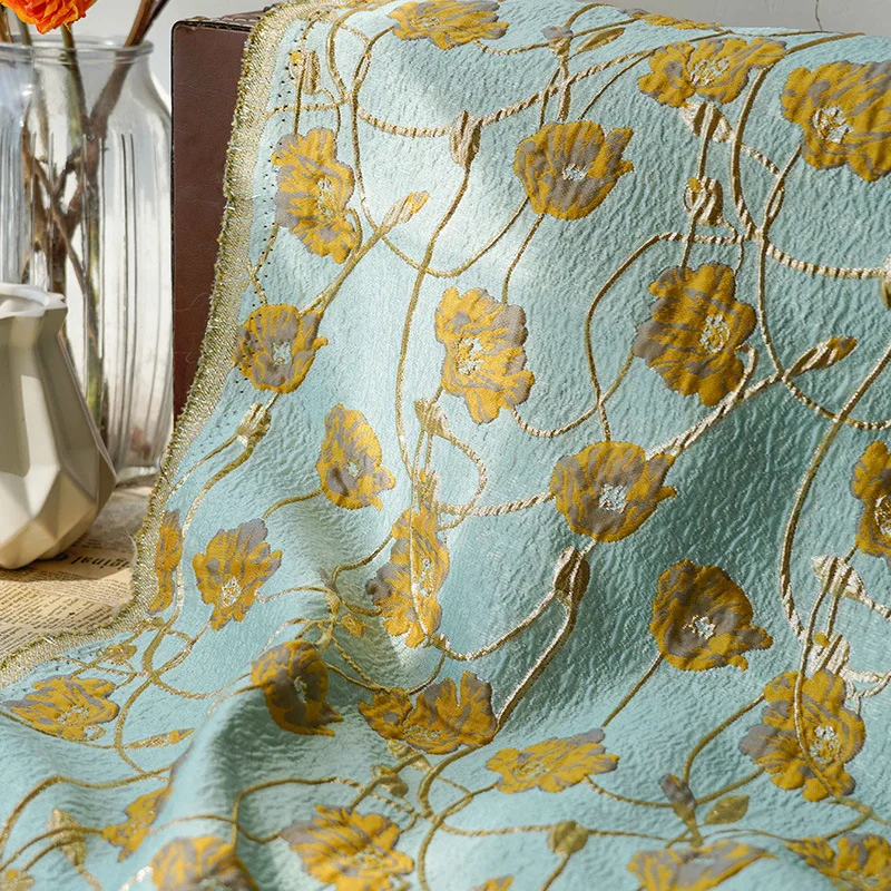 

Gold Silk Yarn-dyed Jacquard Fabric Spring Autumn Light Lake Green Large Flowers Micro Skeleton Puffy Skirt Fashion Sewing Cloth