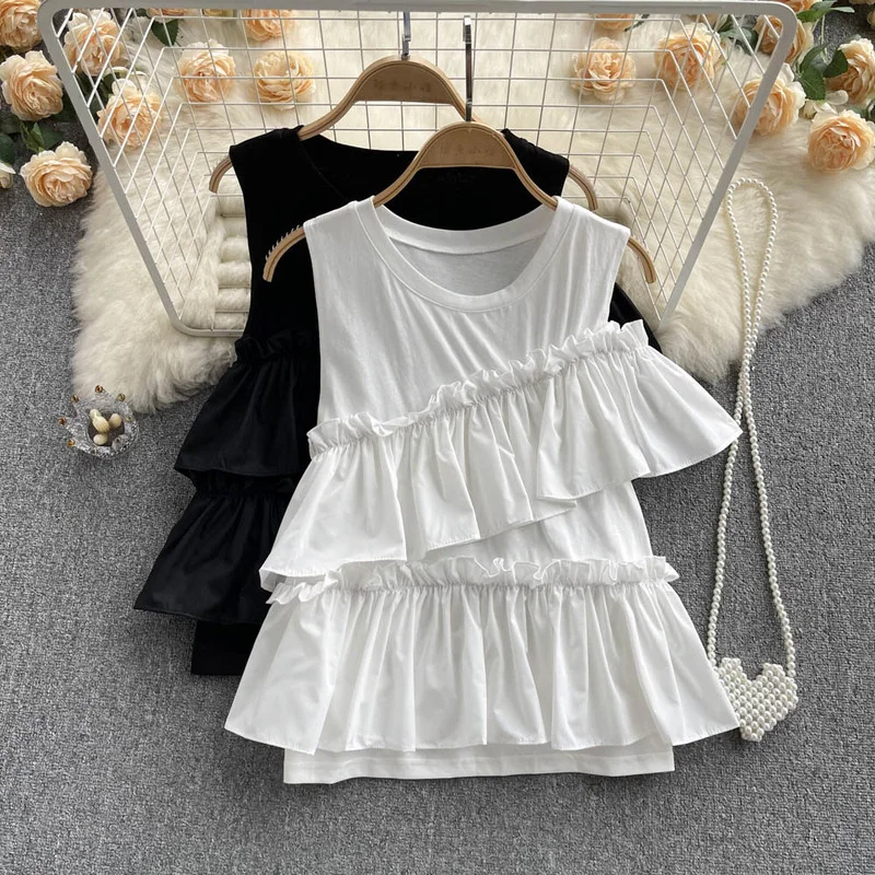 

Hikigawa Chic Fashion Women Tops Vintage Loose O Neck Ruffled Slim Sleeveless Female Blouse Elegant Irregular Pleated Top Mujer
