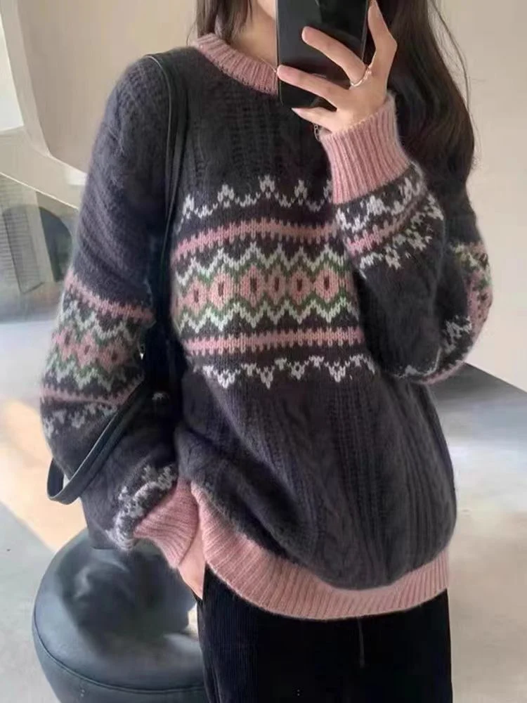 

Женский винтажный свитер Jmprs в стиле Харадзюку, Свободный вязаный джемпер в японском стиле, повседневный универсальный топ с круглым вырезом, уличная одежда