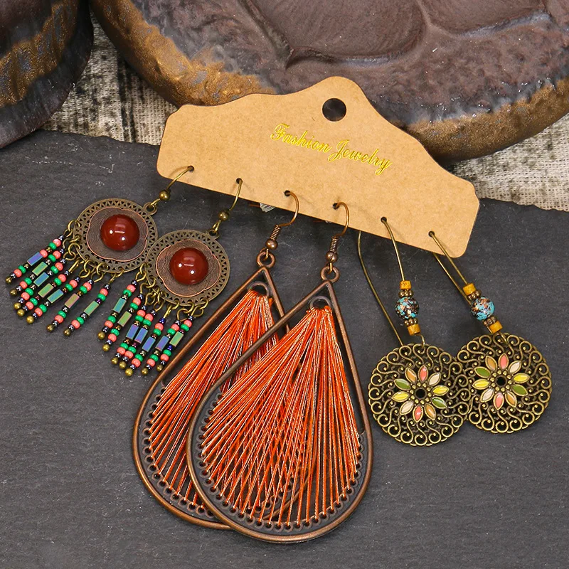 

3 Pairs Women Vintage Bohemian Earrings Set National Retro Rhinestone Ear Stud Eardrop Drop Dangle Earrings Long Boho earring