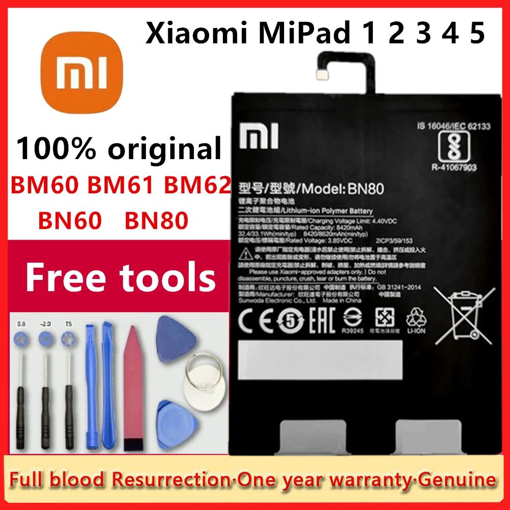 

100% Orginal Xiao Mi Battery BM60 BM61 BM62 BN60 BN80 Tablet Replacement Bateria for Xiaomi Pad 1 2 3 4 5 Mipad 1 2 3 4 5 +Tools