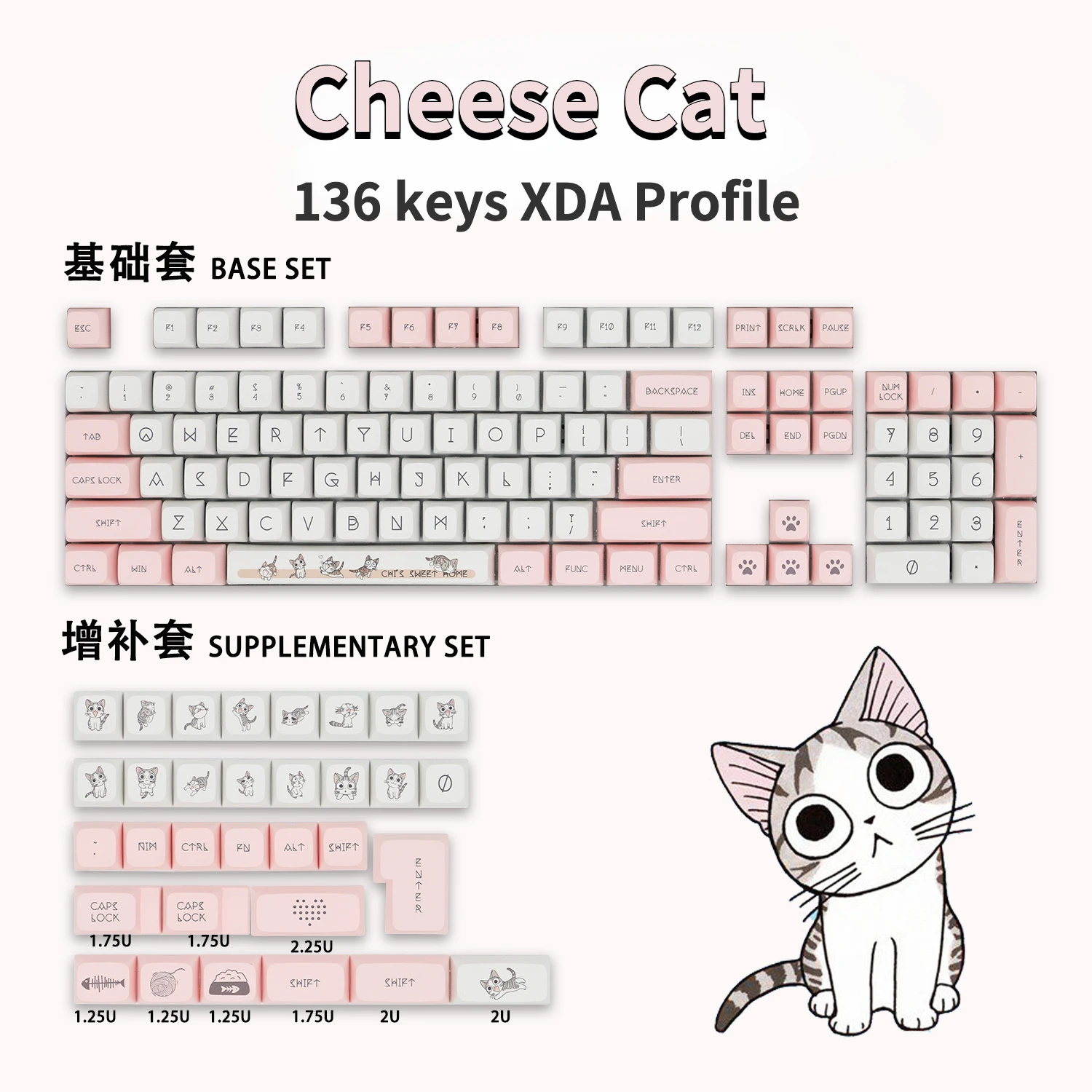 

Cheese cat XDA Profile 136 Keys PBT Dye Sub Keycaps Cute Miaomiao Theme For Cherry GMMK Pro Gaming Mechanical Keyboard