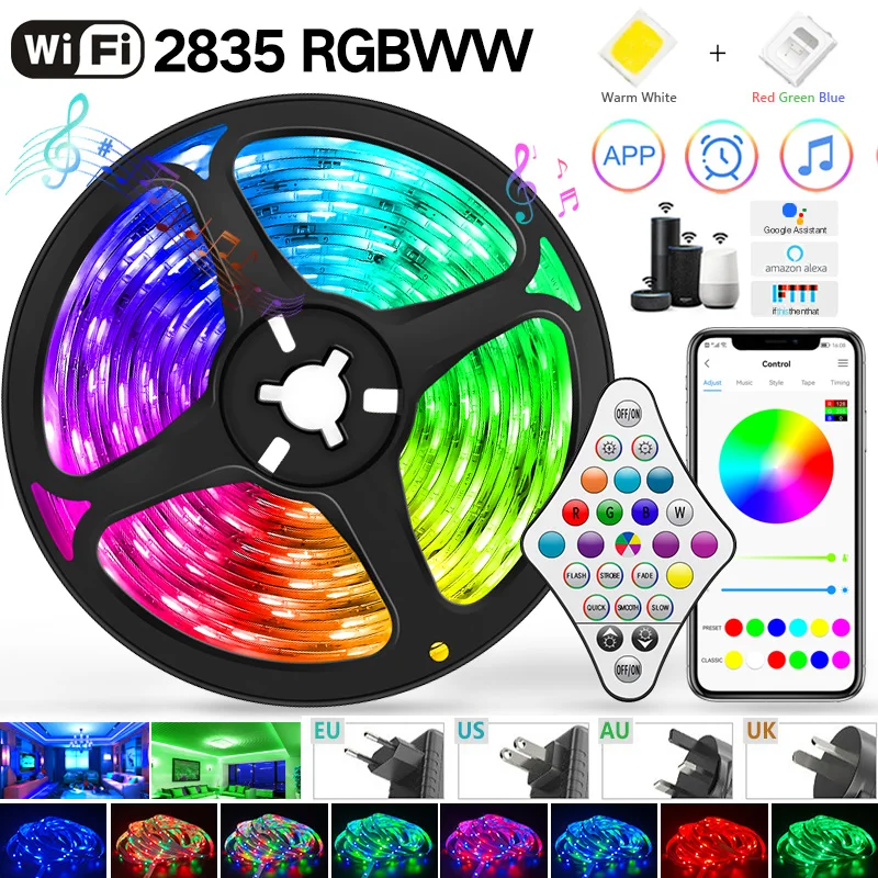 

Светодиодные ленты Bluetooth 5050 RGBWW, гибкая лента с Wi-Fi, водонепроницаемая светодиодная лента 2835, 5 м, 10 м, 15 м, 20 м, с адаптером для комнаты