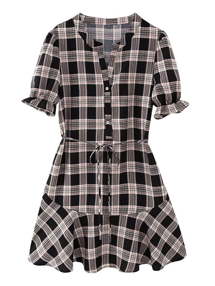 

Женское Повседневное платье в клетку, универсальное свободное однобортное платье с V-образным вырезом и принтом, лето 2023