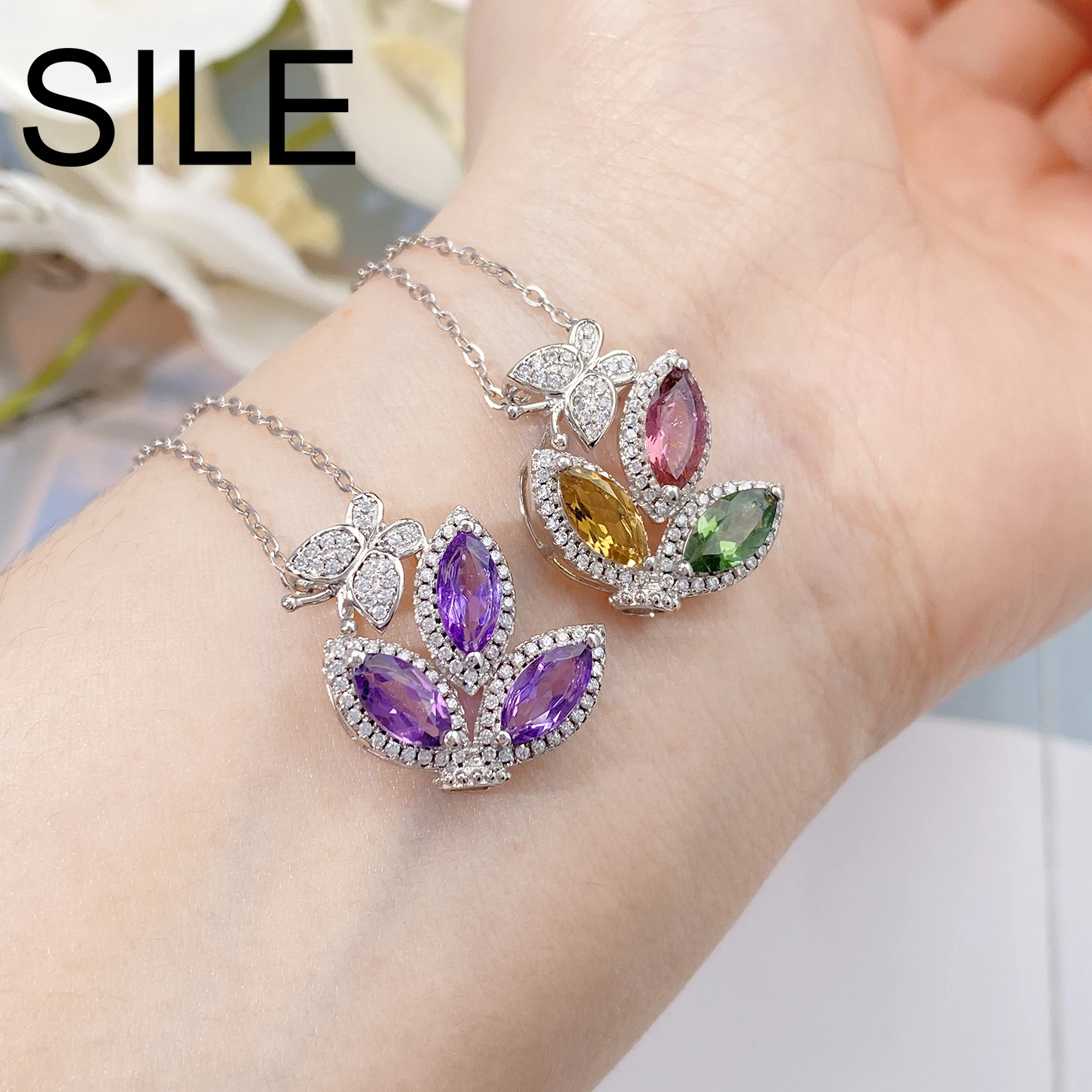 

SILE Mariquesa Cut Gemstone Flower Butterfly Pendant Natural Tourmaline Amethyst cz Necklaces 925 Sterling Silver Clavicle Chain