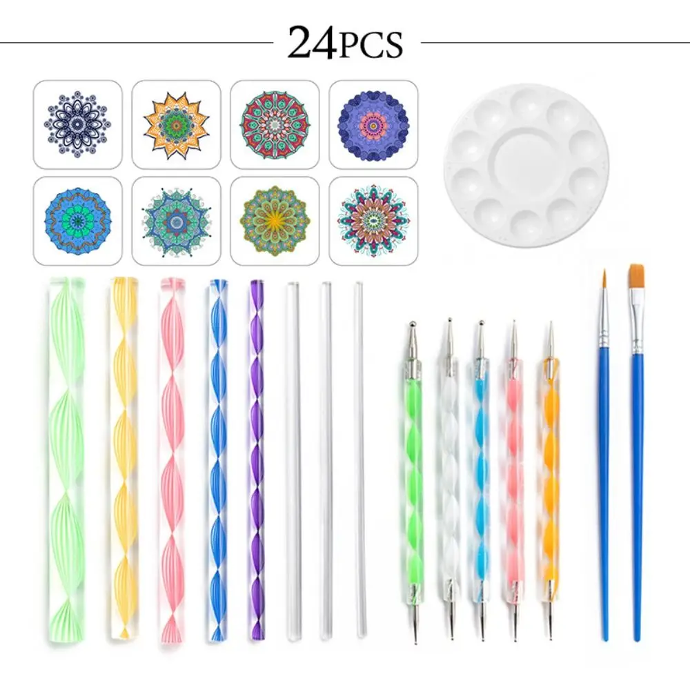 

24pcs/set Mandala Dotting Tools Kit for Painting Pottery Ceramics Rock Stone Pen Art Paint Stencil Brush Tray Polka Dot Tool