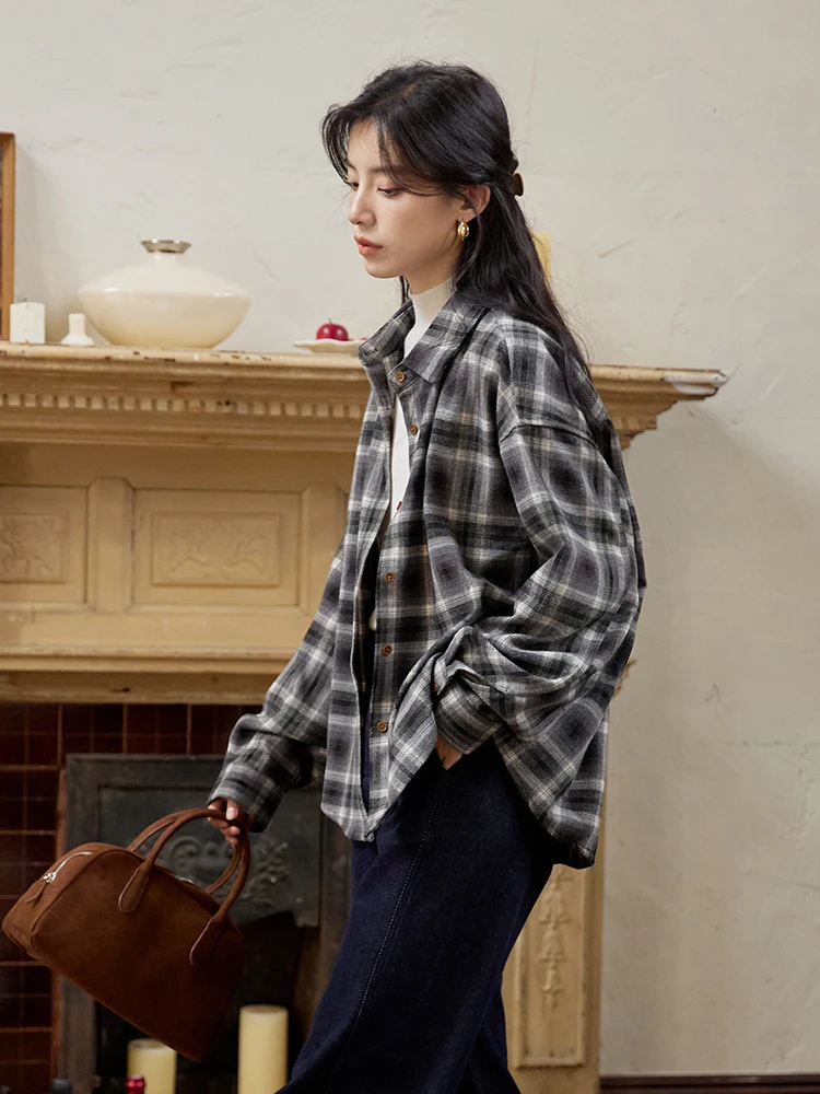 Supmwos Французские сложенные клетчатые утолщенные рубашки с начесом женская