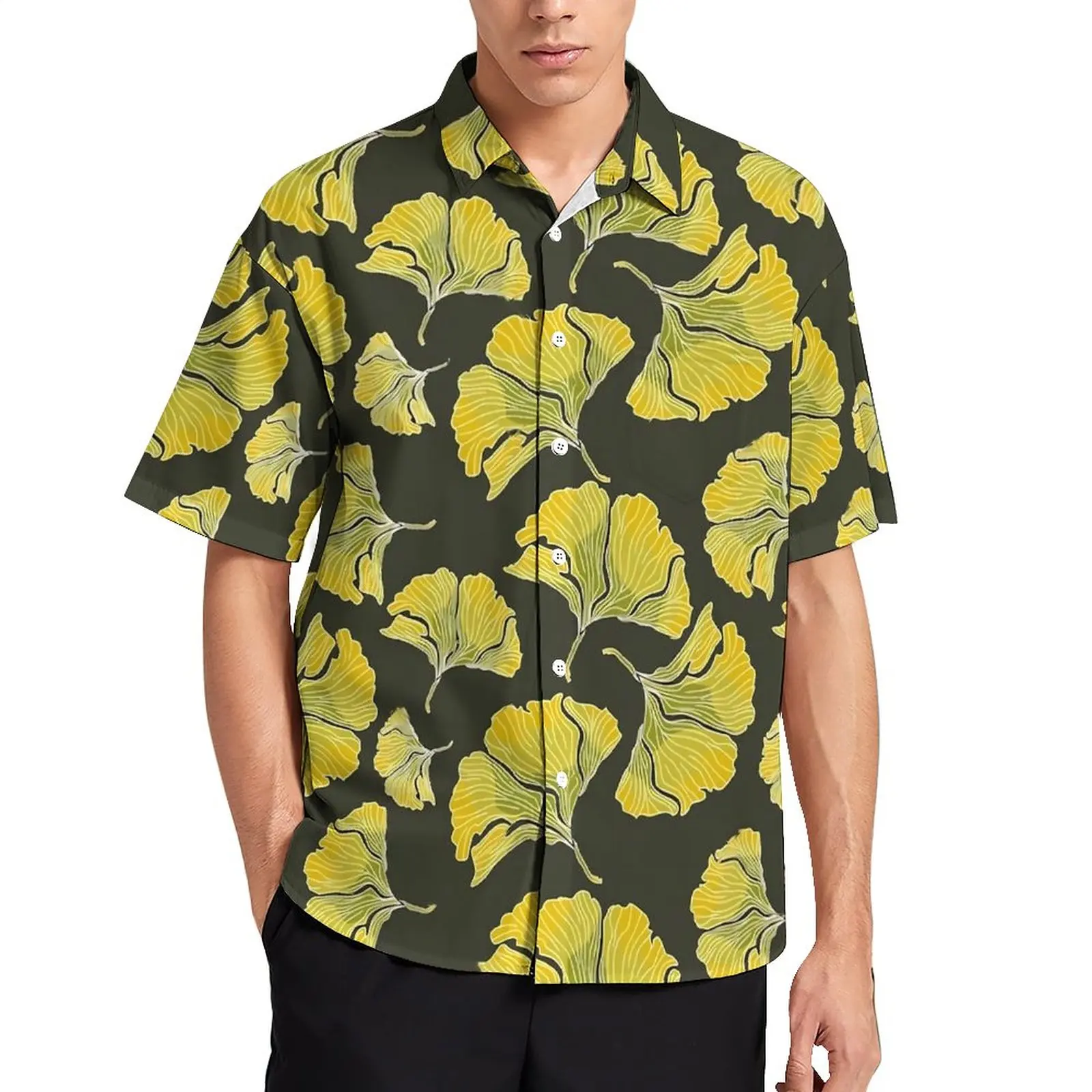 

Ginko Biloba Print Casual Shirt Yellow Leaves Beach Loose Shirt Hawaii Cool Blouses Short Sleeves Graphic Oversized Clothing