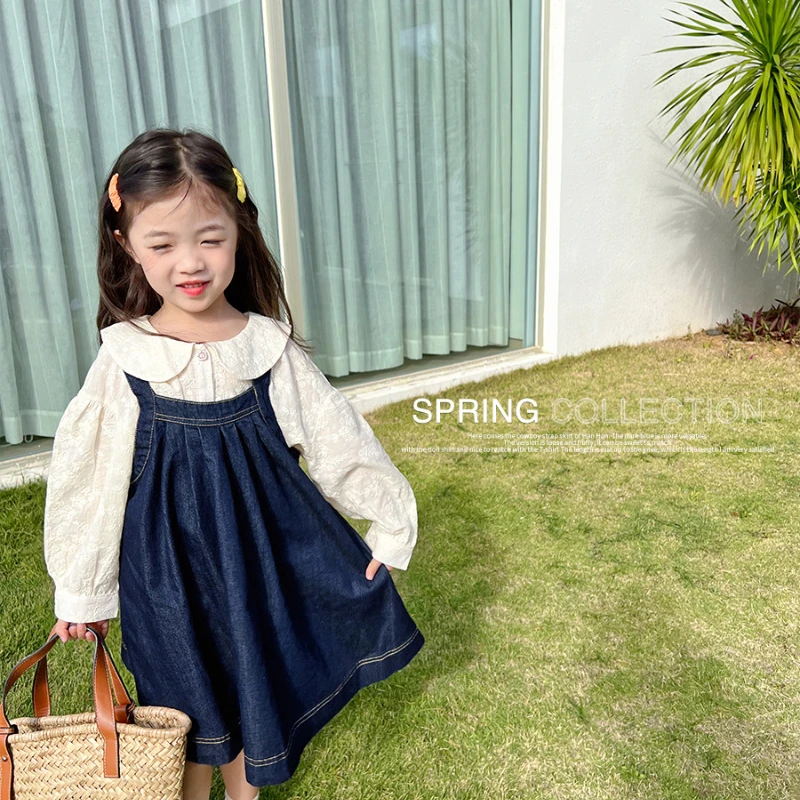 Купи Girl Clothes Sets Korean Style Autumn Spring Fashion Long Sleeve Lace Shirt+Denim Suspender Dress Outfits Kids Clothes Girls за 1,066 рублей в магазине AliExpress