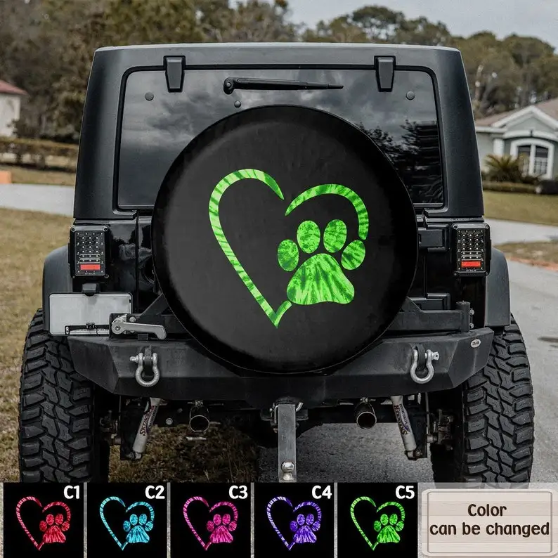 

Paws Love Heart Personalized Spare Tire Cover,Gift For Dog Lover, RV SUV Tire Cover, Gift For Husband Trendy Tire, Happy Camper