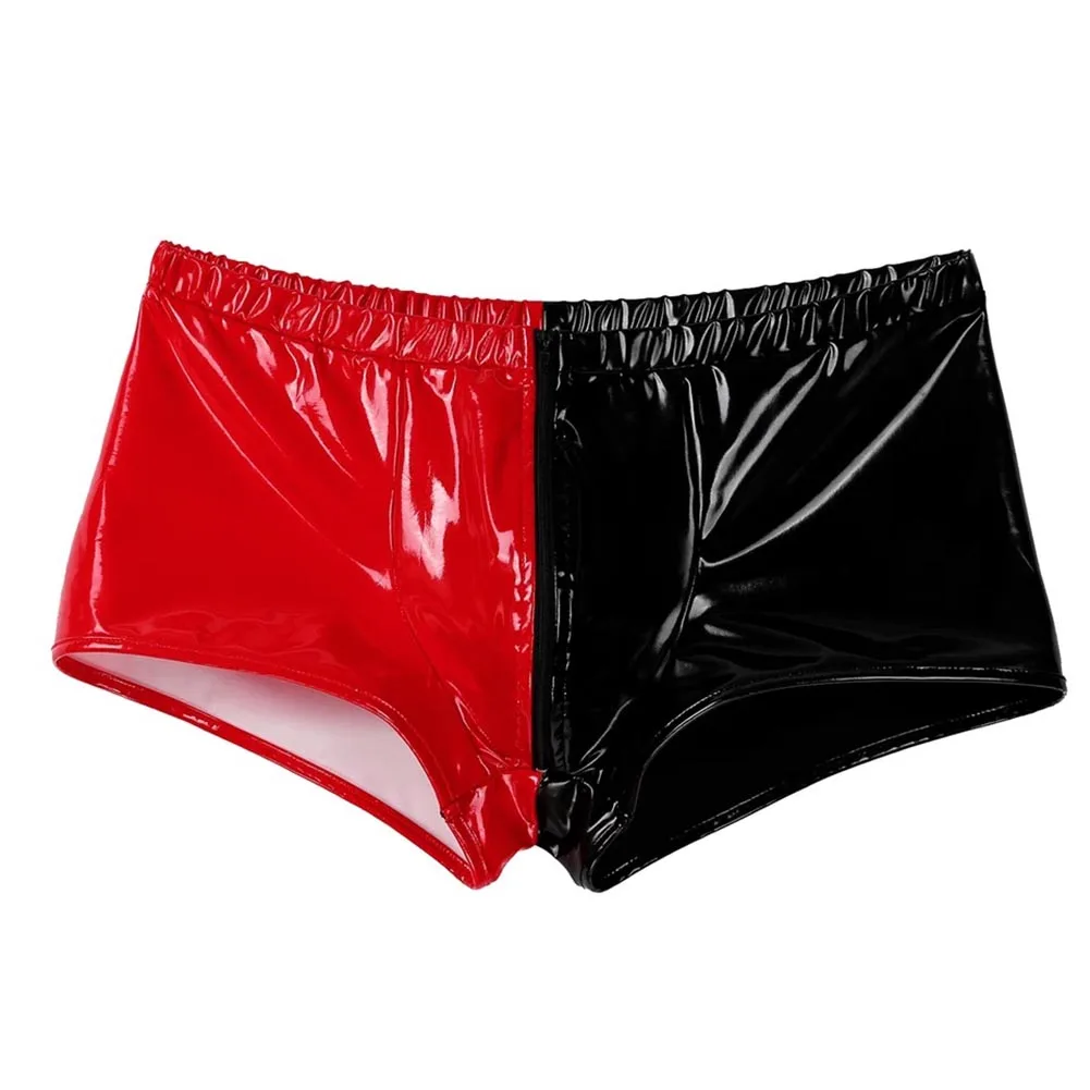 

Men Trunks Sexy Faux Leather Underwear Zip Open Crotch Shiny Colorblock Wet Look Underwear U Convex Pouch Boxer Brief Shorts