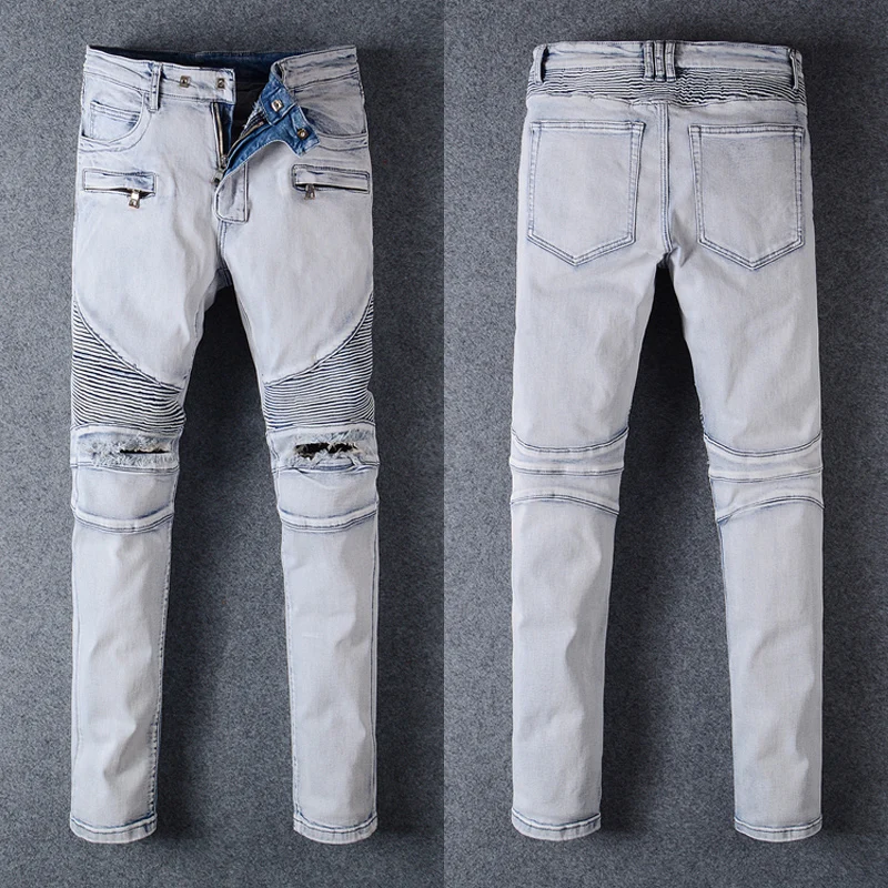 

Fashion Designer Men Jeans Retro Light Blue Stretch Slim Fit Hole Ripped Biker Jeans Men Spliced Hip Hop Brand Pants Hombre
