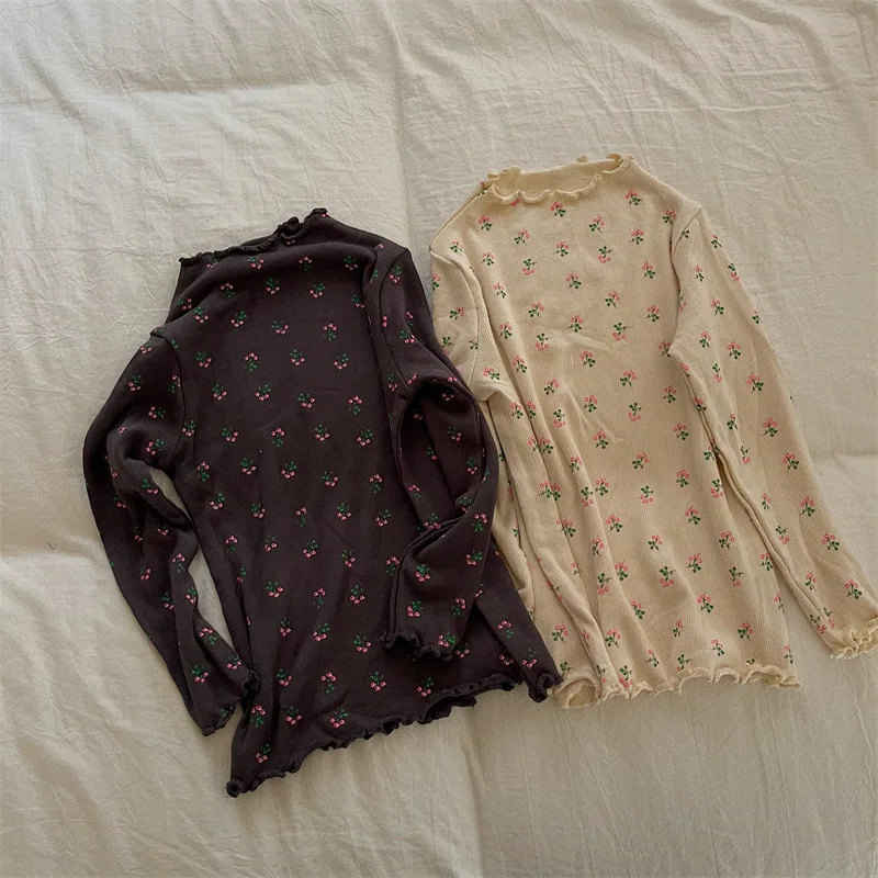 RiniLucia Girls Floral Bottoming Shirt All-match Korean Version O-neck Long Sleeve Ruffle T-shirt Autumn New BlouseTops