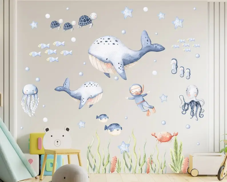 

Underwater Nursery Wall Decal, Watercolor Whale Wall Sticker, Nursery Mural, Under the Sea Nursery Decal, Peel and Stick Sticker