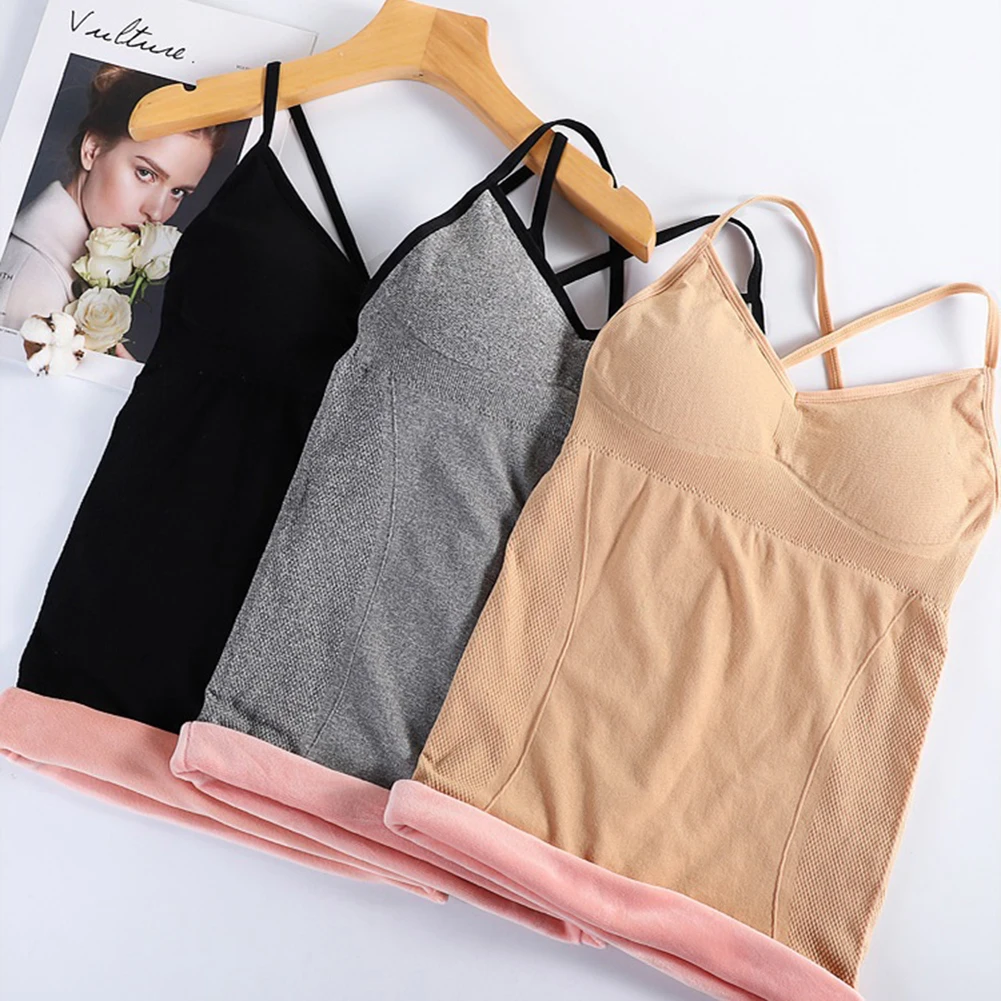 2pcs Women Bustier Thermal Vests Camisole With Built In Bra V Neck Sleeveless Lined Shapewear Tank Top Undershirt Sports Bras