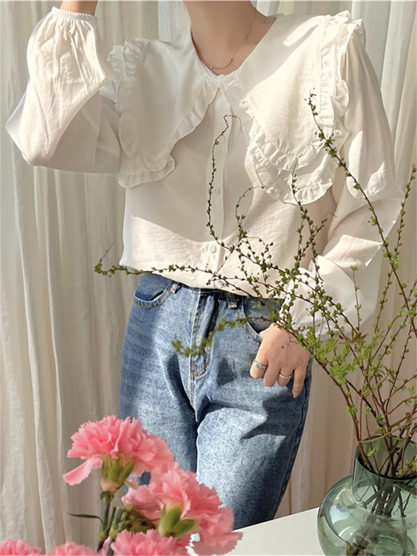 

HziriP White Peter Pan Collar Shirts New Sweet Spring Stylish Casual Full Sleeves 2022 OL Chic All Match Streetwear Mujer Tops