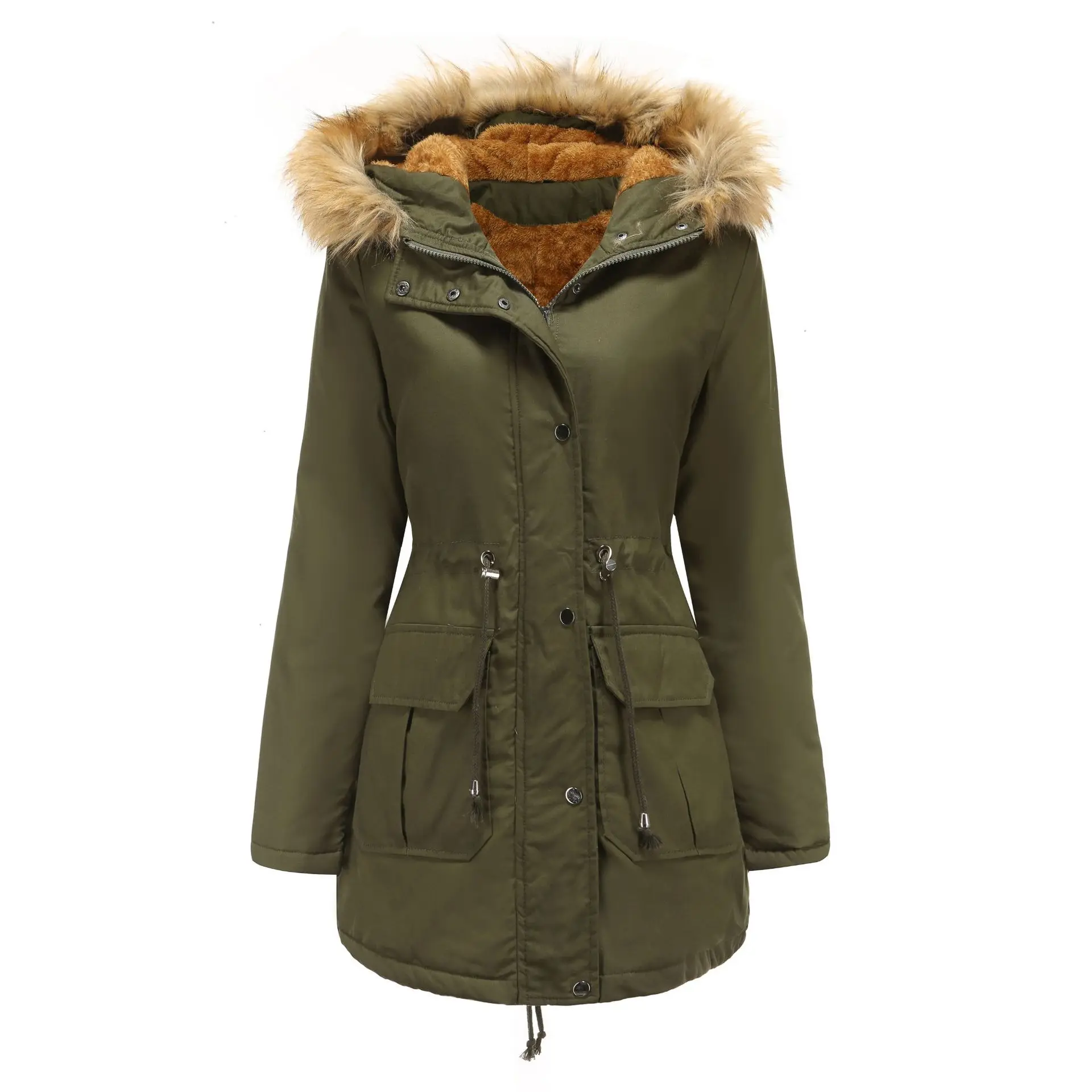 New European Size Fleece Lined Coat Hooded Fur Collar Winter Warm Coat plus Size Women's Cotton-Padded Jacket
