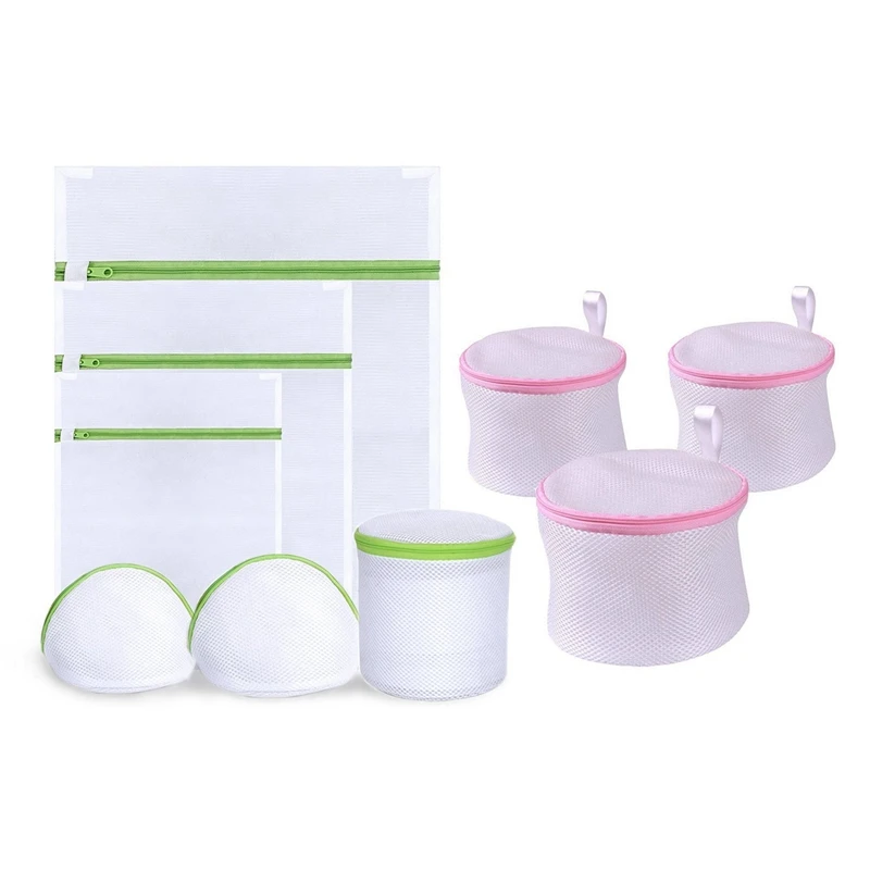 

HOT-9Pcs Laundry Bag Drawstring Bra Underwear Products Laundry Bags - 6Pcs White-Green & 3Pcs White-Pink