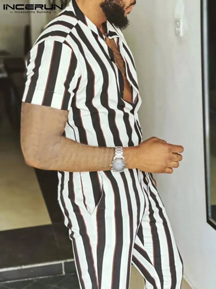 

INCERUN Fashion Men Striped Sets Streetwear Lapel Short Sleeve Shirt & Long Pants Two Pieces 2022 Loose Men Casual Suits S-5XL