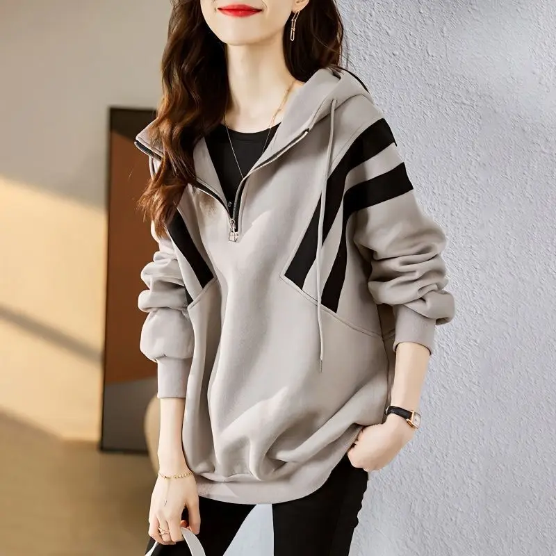 

Winter Zip Up Woman Clothing Hooded Tops Autumn Baggy Hoodies Women's Sweatshirt Pullovers Striped Loose Sweat-shirt Kpop