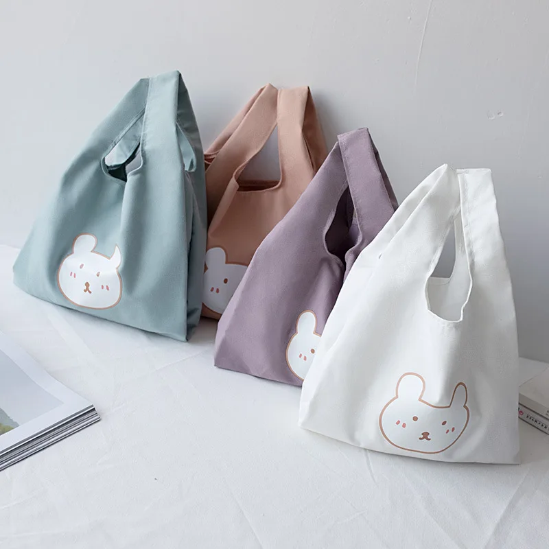 Cute Canvas Lunch Tote Bear Printed Cotton Handbag Reusable Shopping Bags Girl Foldable Grocery Storage Bag