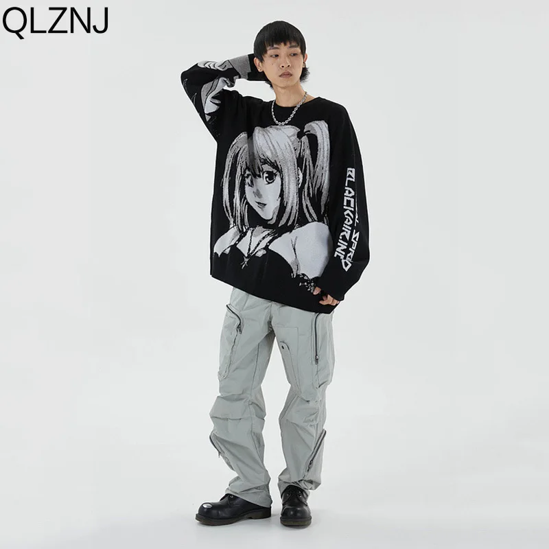 Anime Girl Sweater Men Y2k Clothes Streetwear Pullover Harajuku Vintage Jumpers Hip Hop Casual Loose Black Knitted Sweaters Top