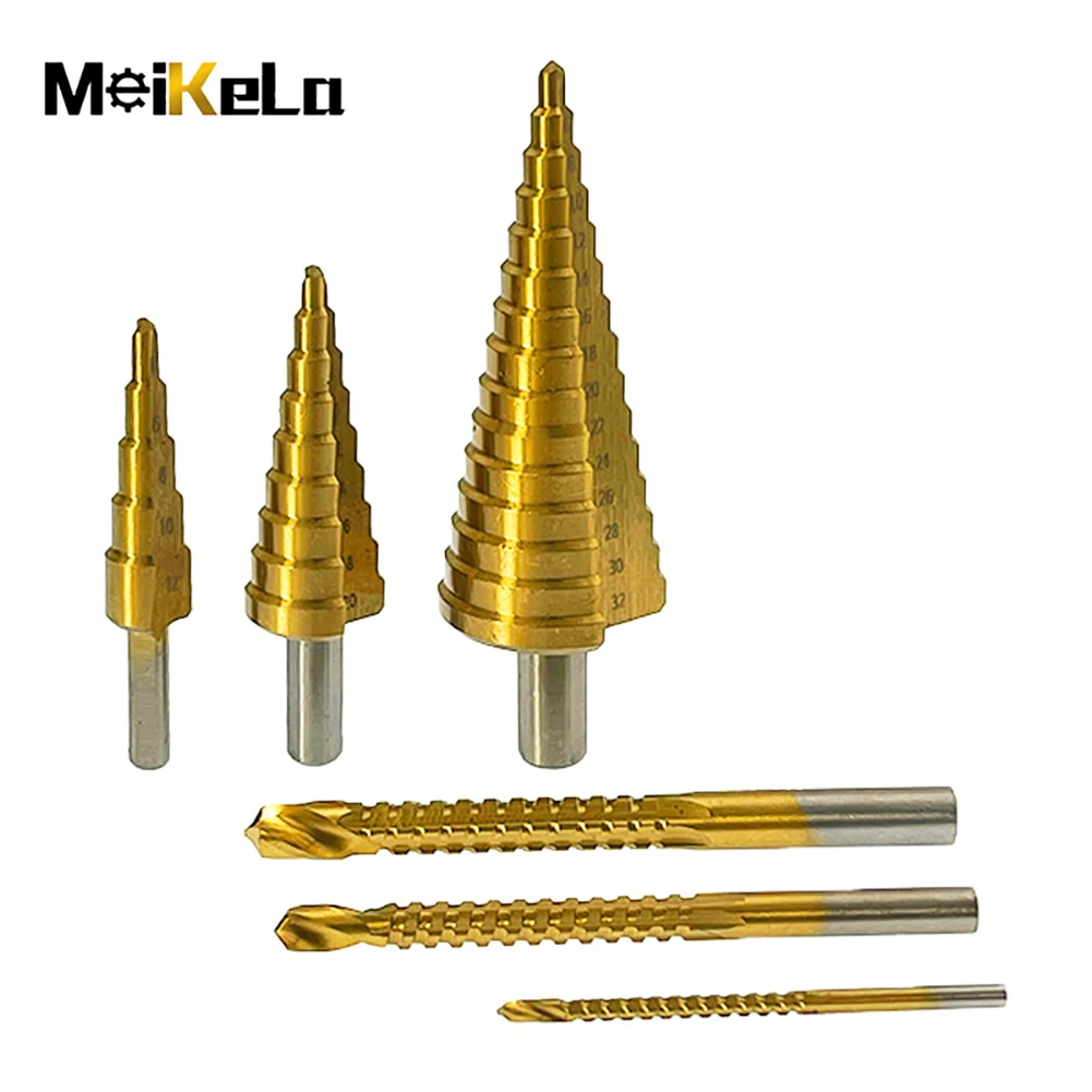 Meikela 6Pcs Step Drill Bit Set Titanium Milling Cutter 4-12 4-20 4-32mm 3 6 8mm For Woodworking Metal Core Hole Saw Opener Bit