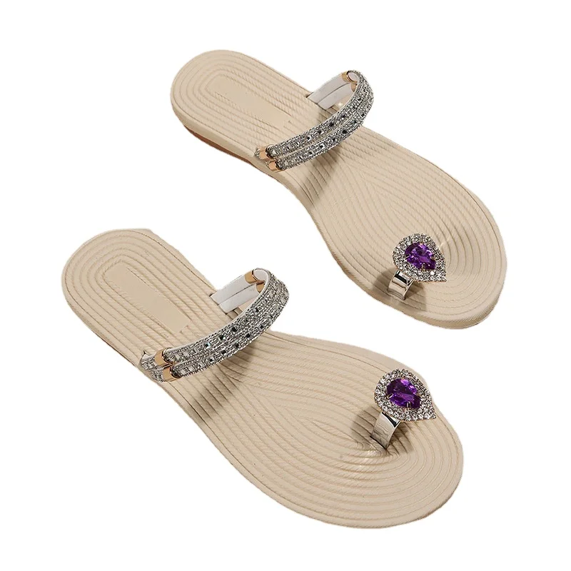 Clamping Toe Slippers Women's 2023 Summer New Two Wear Beach Sandals Water Diamond Soft Sole Flat Slippers